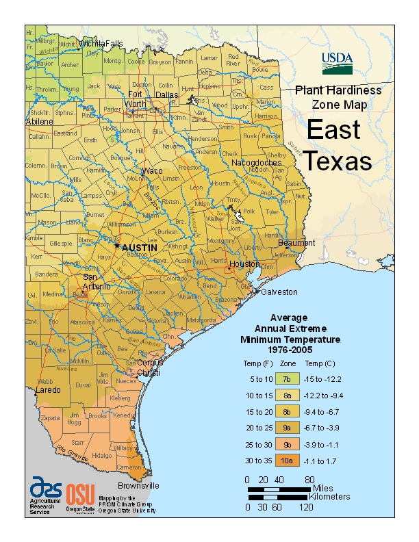 Map of East Texas overlaid with colors from green to orange to show hardiness zones.