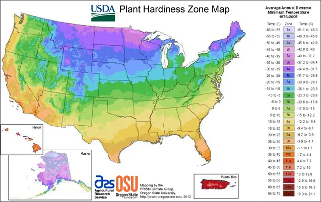Map of the united states overlaid with colors from purple to orange to show hardiness zones.