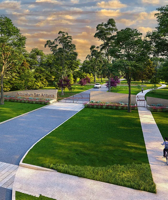 Rendering of a park with tall trees and sidewalks. Sign reads Arboretum San Antonio